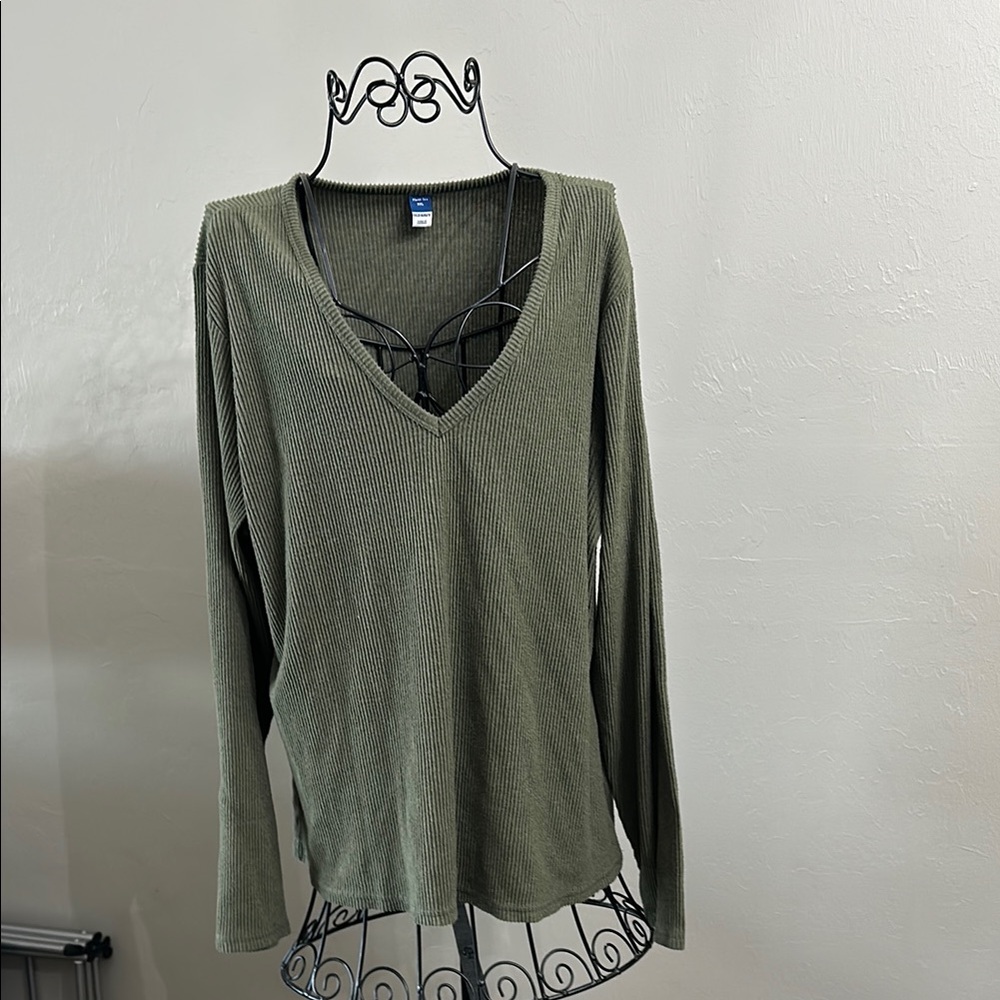 Olive Green V-Neck Ribbed Women's Top